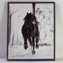 Friesan horse in winter on white velvet with a frame and hanging on a wall
