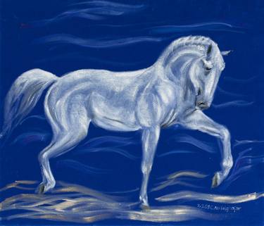 Proud white horse on blue velvet thumb