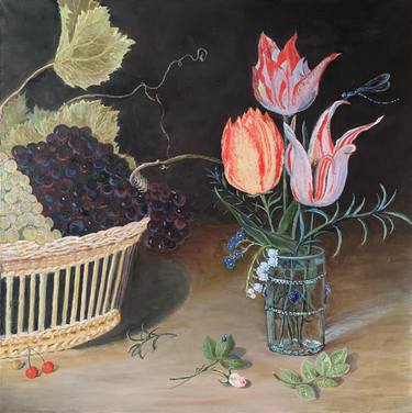 Still life of fruit and flowers with grapes in a wicker basket and tulips in a glass vase thumb