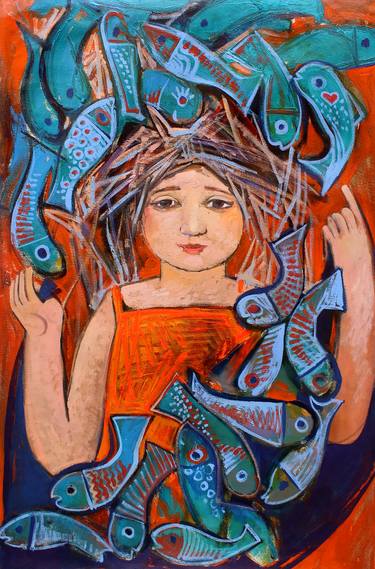 Young marine flora. Girl with blue fish. thumb