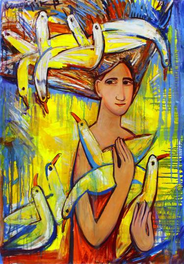 Sea Rhapsody. Girl with the seagulls. Yellow Flora. thumb