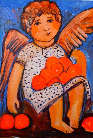 Angel with tangerines, festive mood. thumb