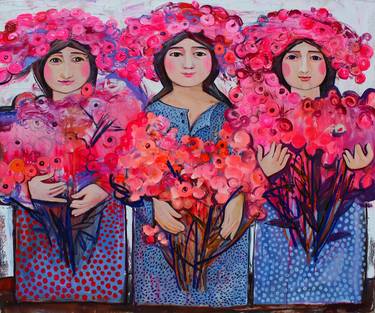 Holiday Trinity, girls with pink bouquets of flowers. thumb