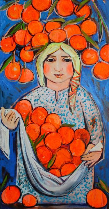 Festive harvest, girl with tangerines. thumb