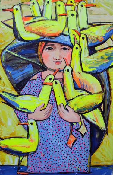Girl with yellow birds. thumb