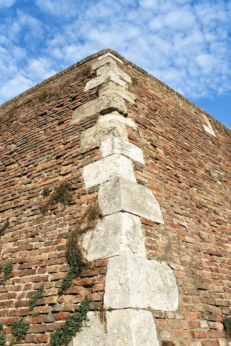 Original Architecture Photography by Dragan Nikolic | Photorealism Art on Paper | Stone corner of brick fortress and blue sky - Limited Edition 1 of 1