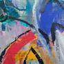 Abstract expressionist piece; acrylic on canvas, thick chunky areas of paint and thin washes creating a dynamic work. The edges are left as raw canvas with varied splashes and drips of paint, signed on bottom right, ready to hang.