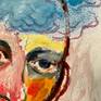 Contemporary colourful portrait, thinking man, clouds of thoughts above his forehead. Oil paint with a small amount of conte crayon on paper, unframed.