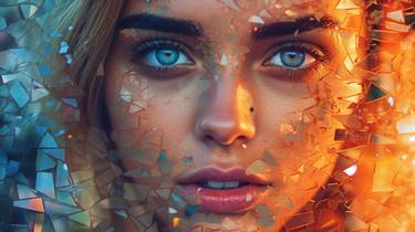 Beatiful young woman portrait in glitch style and broken glass thumb
