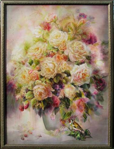 Still life in Victorian style with roses and a goldfinch thumb