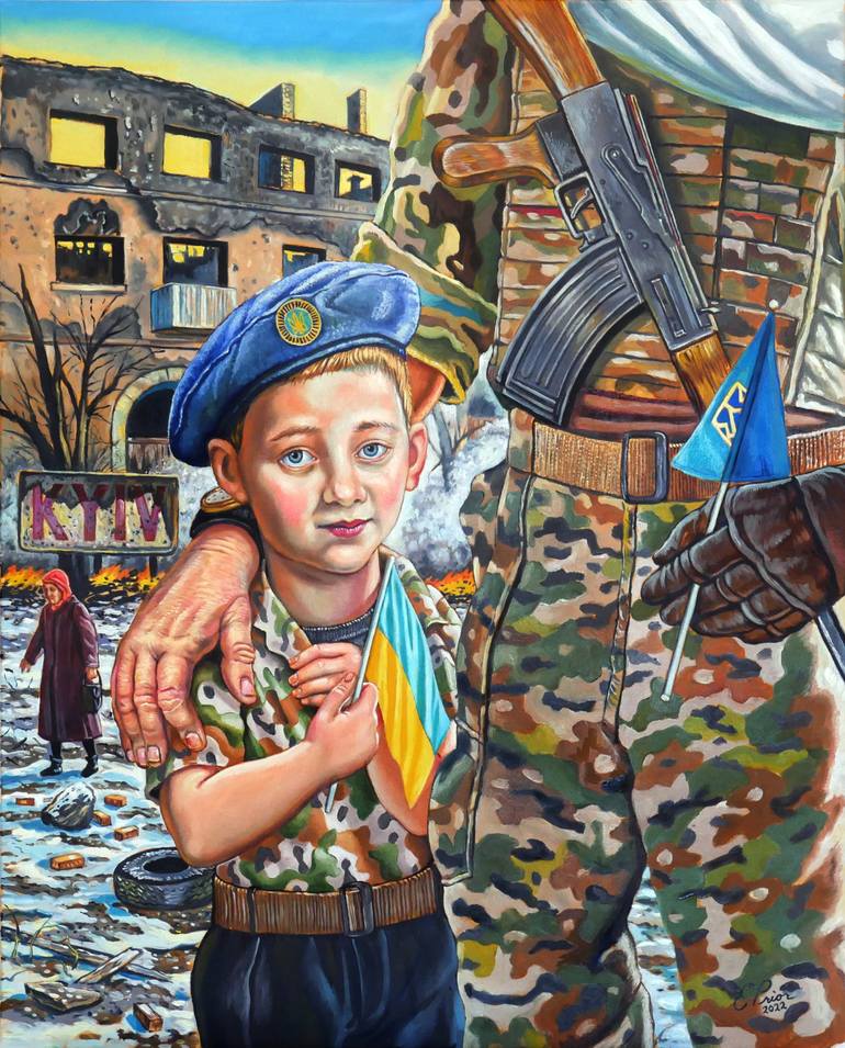 Ukrainian Soldier and Boy Painting by Edmund Prior | Saatchi Art