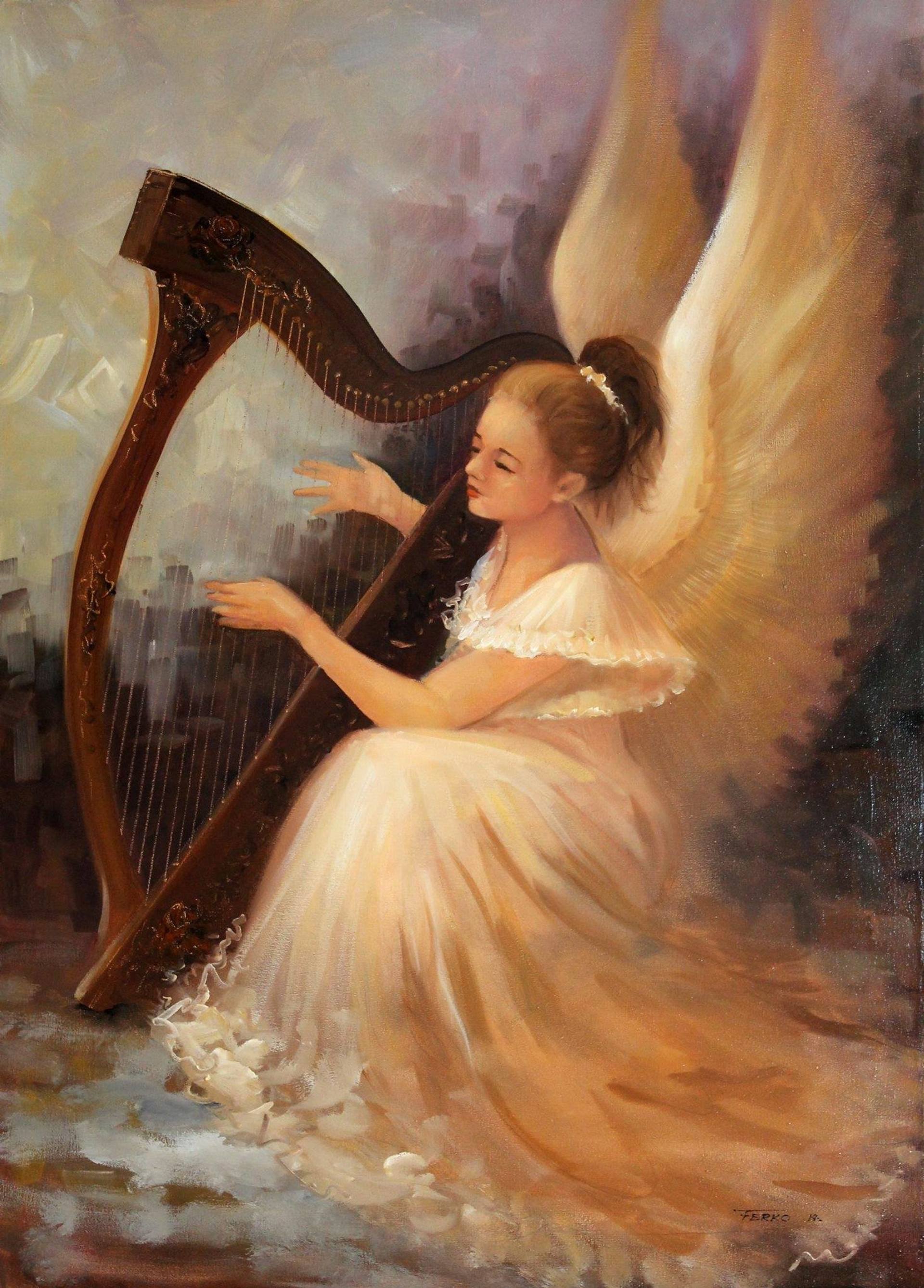 Angel with harp Painting by Jadranko Ferko | Saatchi Art Puerto Rico