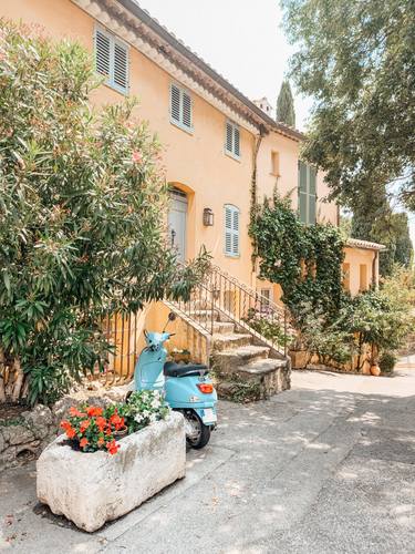 Turquoise Vespa Motorcycle in France, Grimaud thumb