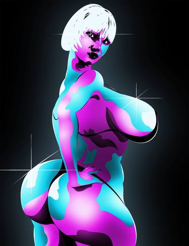 The neon girl stands in half a turn. thumb