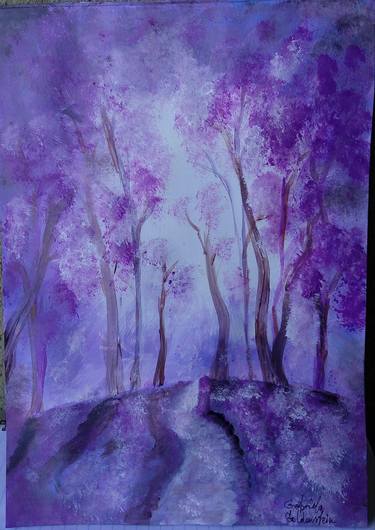 Mysterious purple forest with a path thumb