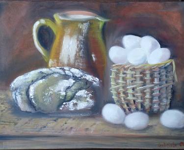 Village still life of milk vessel, broad and eggs thumb