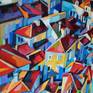 Original oil on canvas ( 2017 ) . Urban landscape with red roofs . Coastal city in Croatia .