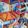 Original oil on canvas ( 2017 ) . Urban landscape with red roofs . Coastal city in Croatia .