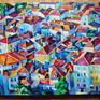 Original oil on canvas ( 2017 ) . Urban landscape with red roofs . Coastal city in Croatia .