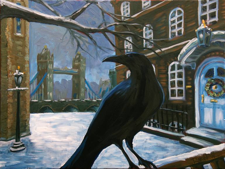 ACEO PRINT OF PAINTING CROW RAVEN RYTA BIG BEN UK LONDON GOTHIC VINTAGE STYLE
