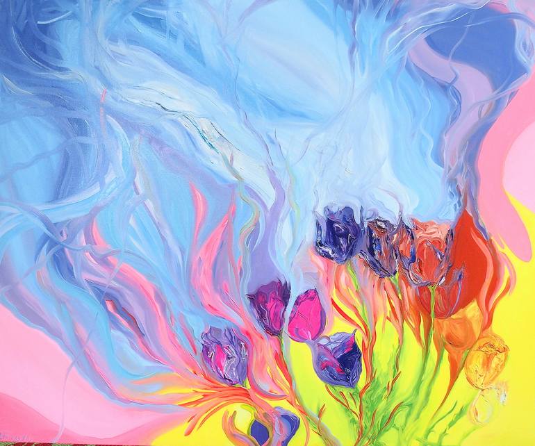 Tulip Ribbons Painting by Lesley Blackburn | Saatchi Art