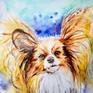 Original watercolor painting on paper. Papillon dog puppy