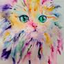 Colorful Persian cat with very Pink nose. Original watercolor painting on paper