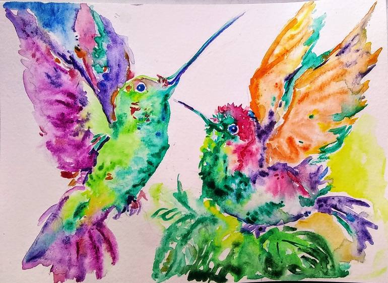 Hummingbirds in flight Painting by Daniela Vasileva | Saatchi Art