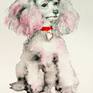 Pink Gray poodle puppy dog portrait, pet art original watercolor painting on paper