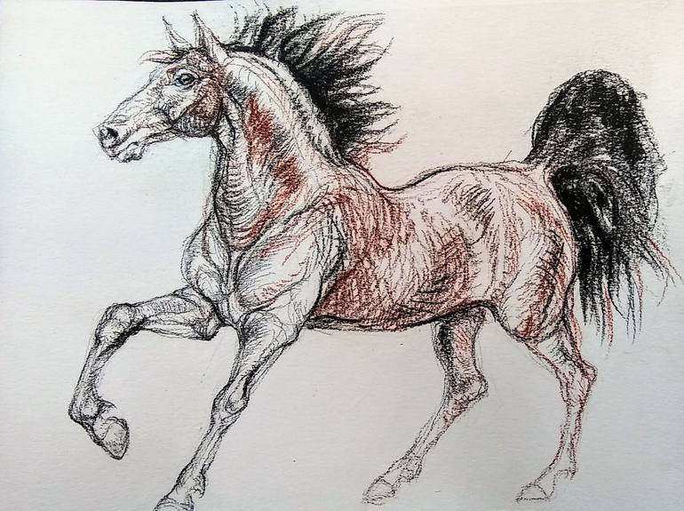 Realistic charcoal drawing of galloping horse in black and white