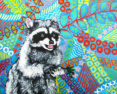Northern Lights Raccoon (PAINTING) 8" x 10" by Mike Kraus thumb