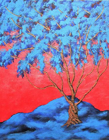 *Twilight Woods (ORIGINAL ACRYLIC PAINTING) 8" x 10" by Mike Kraus - art gift present trees forests nature father's day red blue copper pearl thumb