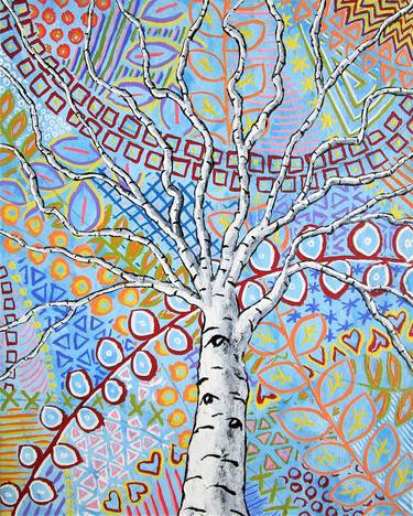 *Sunset Sherbert Birch Tree (ORIGINAL ACRYLIC PAINTING) 8" x 10" by Mike Kraus - art aspen trees forest woods nature abstract surreal fun eid thumb
