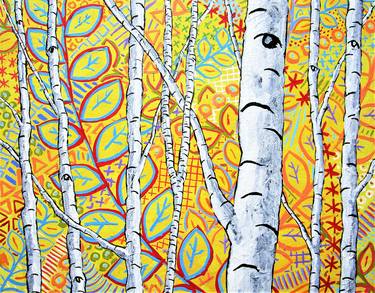 *Sunset Sherbert Birch Forest (ORIGINAL ACRYLIC PAINTING) 8" x 10" by Mike Kraus - art aspen great gifts trees forest woods nature yellow fun thumb