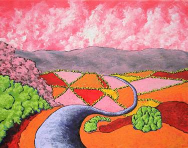 *Returning to Civilization (ORIGINAL ACRYLIC PAINTING) 8" x 10" by Mike Kraus - art surreal abstract psychedelic landscape pink green white thumb