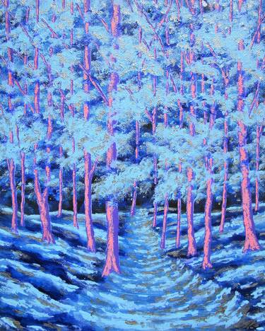 *Twilight Woods (ORIGINAL ACRYLIC PAINTING) 8" x 10" by Mike Kraus - art gift trees forest nature decorations summer night blue pink decor thumb
