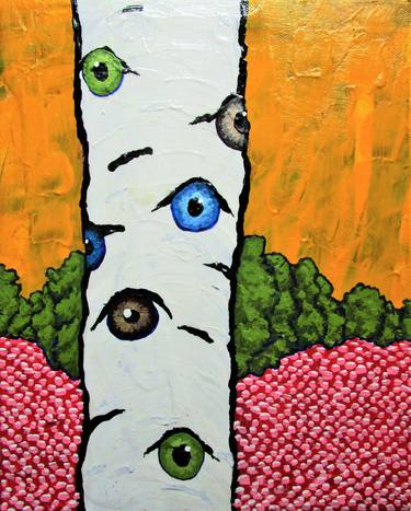 *Night Watch (ORIGINAL ACRYLIC PAINTING) 8" x 10" by Mike Kraus - art birch aspen trees forest woods nature abstract surreal gifts fun summer thumb