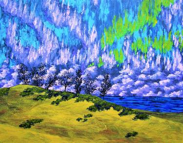 Aurora Borealis Over Lake Michigan (ORIGINAL ACRYLIC PAINTING) 8" x 10" by Mike Kraus - great lakes sky beach sea sand dune night art nature thumb