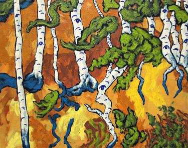 Vision Quest XLVII (Original Acrylic Painting) 8" x 10" by Mike Kraus - art birch aspen trees forest woods nature abstract surreal beautiful thumb