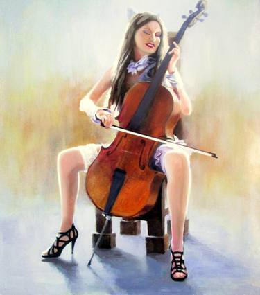 Girl and Cello Painting Original Art Medium Painting thumb