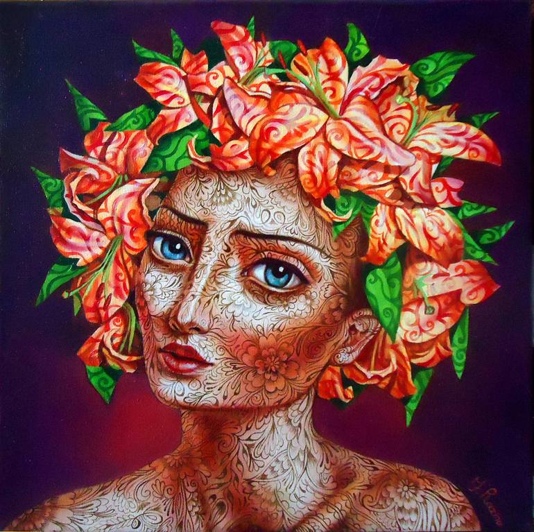 Portrait with lilies (sold) Painting by Jekaterina Razina | Saatchi Art