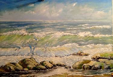 Original Figurative Beach Paintings by Raimundas Dzimidavicius