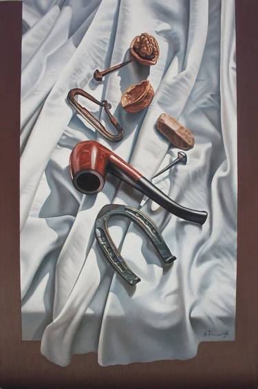 Still life with horse shoe, pipe and drapery thumb