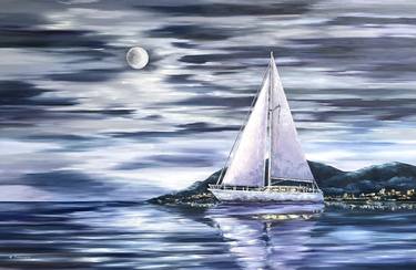 Moonlight sailboat, 140x90cm, Oil on Linen extra lagre oil art thumb