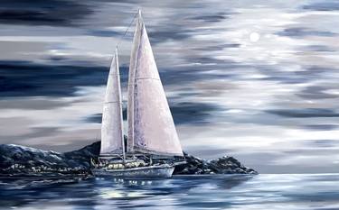 Moonlight sailboat, 140x90cm, Oil on Linen extra lagre oil art thumb