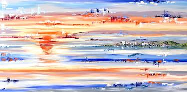 Sunset abstract, large oil painting on linen canvas 140x70 cm thumb