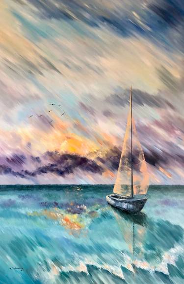 Sailboat at sunset original watercolor painting with boat in water medium  size, above bad decor Watercolour by Irina Povaliaeva