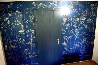 Blue Botanical Wall with Climbing Golden Flowers thumb