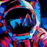The painting is inspired by the famous photography of Buzz Aldrin walking on the moon, taken by Neil Armstrong. 

The only technic used is knifepaintung using bright acrylic colors on canvas.