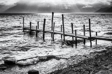 Wooden jetty on Lake Atitlan, Guatemala - black and white thumb